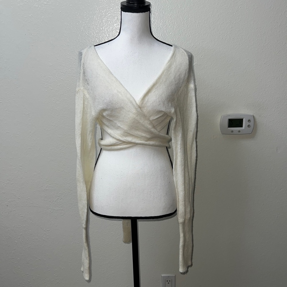 Zara Ivory Light Knit Long Sleeve Wrap Around Self-Tie Crop Cardigan Sweater